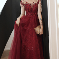 Burgundy tulle beads long A line prom dress evening dress - Thumbnail 1
