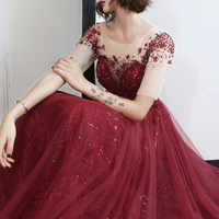 Burgundy tulle beads long A line prom dress evening dress - Thumbnail 3