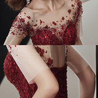 Burgundy tulle beads long A line prom dress evening dress - Thumbnail 5