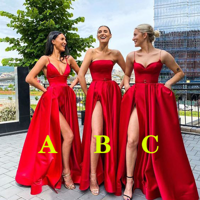 A-line red satin side slit long prom evening dresses - Thumbnail 5