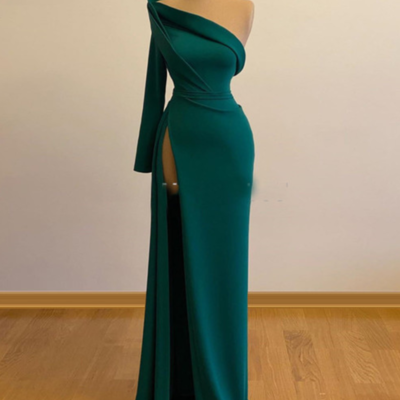 One shoulder long sleeves prom gowns with slit  - Thumbnail 4