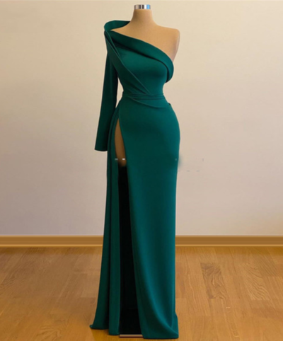 One Shoulder Long Sleeves Prom Gowns With Slit 