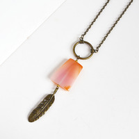 Long Necklace, Feather Necklace, Long Bohemian Style Necklace,Peach Agate Stone - Thumbnail 2