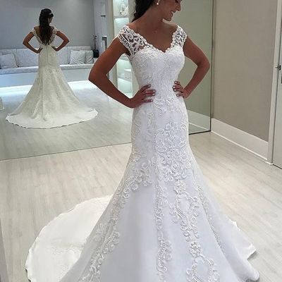 Elegant white mermaid cap sleeves wedding dresses,1040