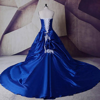 Shiny Real Image New White and Royal Blue A Line Wedding Dress Lace Taffeta Appliques Bridal Gown Beads Custom Made Crystal Fashionable,1041 - Thumbnail 2