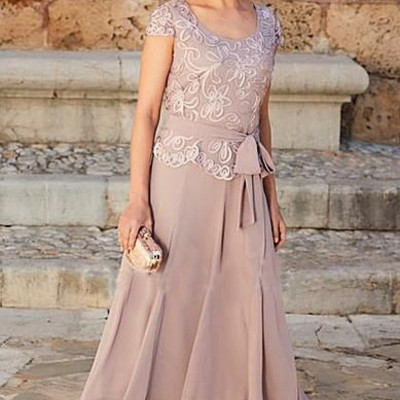 Scoop lace appliques mother of the bride dress with ribbon,1046