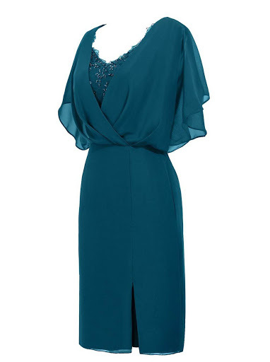 Flutter Sleeves Beading Teal Mother of the Bride Dress with Slit,1047