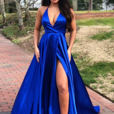 A line royal blue v-neck sleeveless prom evening dress - Thumbnail 5