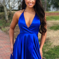 A Line Royal Blue V-neck Sleeveless Prom Evening Dress - Thumbnail 1