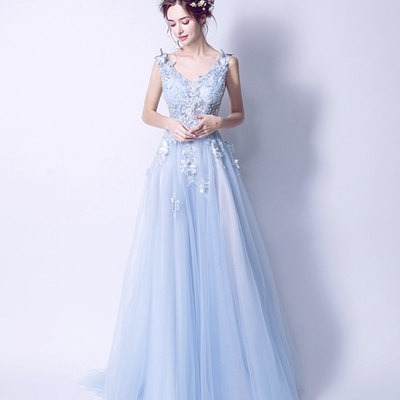 Blue tulle lace long a line prom dress blue evening dress - Thumbnail 2