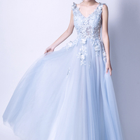 Blue tulle lace long A line prom dress blue evening dress - Thumbnail 1