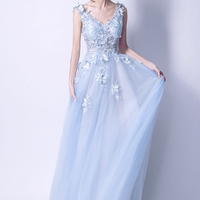 Blue tulle lace long A line prom dress blue evening dress - Thumbnail 3