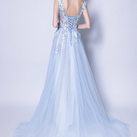 Blue tulle lace long A line prom dress blue evening dress - Thumbnail 4