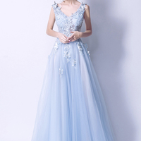 Blue tulle lace long A line prom dress blue evening dress - Thumbnail 6