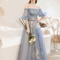 Blue lace long A line prom dress blue evening dress - Thumbnail 2