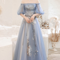Blue lace long A line prom dress blue evening dress - Thumbnail 3