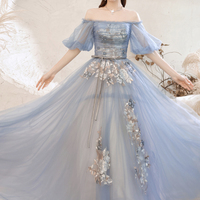 Blue lace long A line prom dress blue evening dress - Thumbnail 4