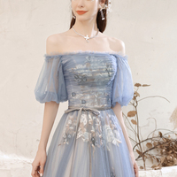 Blue lace long A line prom dress blue evening dress - Thumbnail 5
