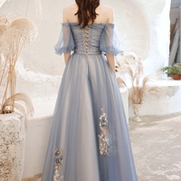 Blue lace long A line prom dress blue evening dress - Thumbnail 8