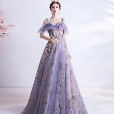 Purple tulle sequins long a line prom dress evening dress - Thumbnail 3