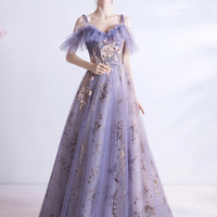 Purple tulle sequins long A line prom dress evening dress - Thumbnail 8