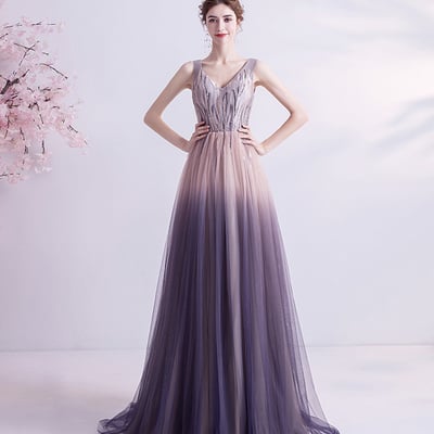 Purple gradient tulle long a line prom dress evening dress - Thumbnail 2