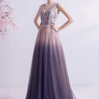 Purple gradient tulle long A line prom dress evening dress - Thumbnail 4
