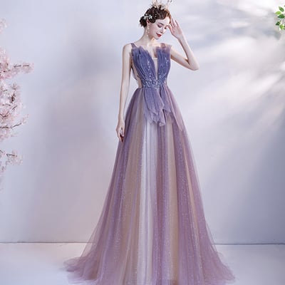 Purple tulle long a line prom dress evening dress - Thumbnail 3