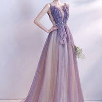 Purple tulle long A line prom dress evening dress - Thumbnail 1