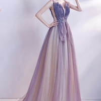 Purple tulle long A line prom dress evening dress - Thumbnail 3