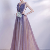 Purple tulle long A line prom dress evening dress - Thumbnail 4