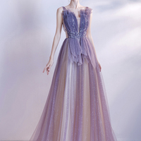 Purple tulle long A line prom dress evening dress - Thumbnail 5