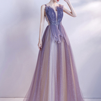 Purple tulle long A line prom dress evening dress - Thumbnail 6