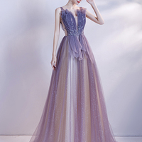 Purple tulle long A line prom dress evening dress - Thumbnail 7