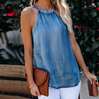 Solid Color Halterneck Sexy Denim Vest Shirt Top - Thumbnail 1