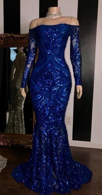 African Prom Dresses 2021 Royal Blue Long Sleeve Graduation Formal Dress Plus Size Evening Gowns,1048