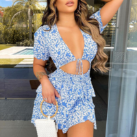 Women Floral High Waist Blue Dress - Thumbnail 1