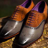 New Handmade Grey Brogue Leather Suede Lace Up Shoes - Thumbnail 1