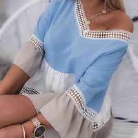 Loose Women'S Long-Sleeved V-Neck Chiffon Top - Thumbnail 1