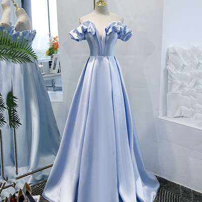 Blue satin long a line prom dress blue evening dress - Thumbnail 5