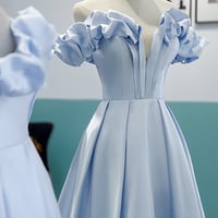 Blue satin long A line prom dress blue evening dress - Thumbnail 2