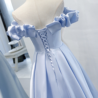 Blue satin long A line prom dress blue evening dress - Thumbnail 4