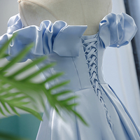 Blue satin long A line prom dress blue evening dress - Thumbnail 5