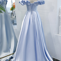 Blue satin long A line prom dress blue evening dress - Thumbnail 6
