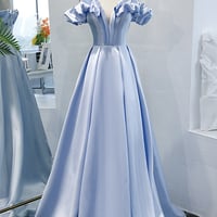 Blue satin long A line prom dress blue evening dress - Thumbnail 7
