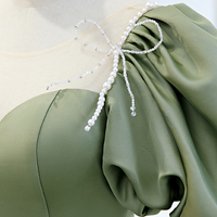 Green Satin Long A Line Prom Dress Evening Dress - Thumbnail 2