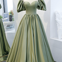 Green Satin Long A Line Prom Dress Evening Dress - Thumbnail 4