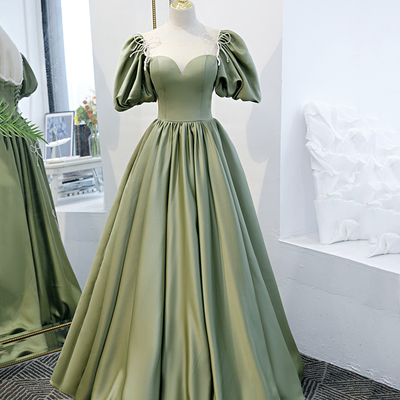 Green satin long a line prom dress evening dress - Thumbnail 2