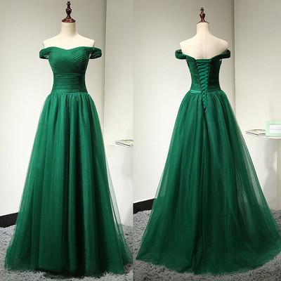 Off Shoulder Sleeves Green Prom Dress,Green Tulle Graduation Dress,Sexy Off Shoulder Formal Dress,Green Evening Dress,1050