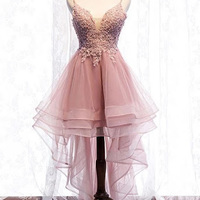 Charming Pink High Low Tulle V neck Spaghetti Straps Homecoming Dresses with Appliques,1051 - Thumbnail 1